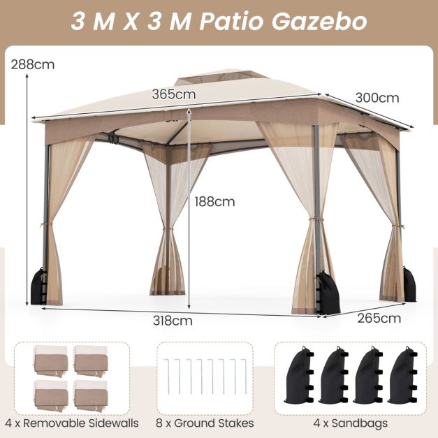 Coast Pavilion Khaki - Pavillon de jardin de 3 x 3,6 m avec double toit, murs en grillage et sacs de sable - 365 x 300 x 288 cm
