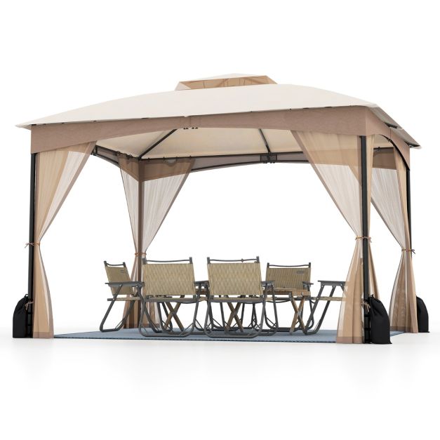 Coast Pavilion Khaki - Pavillon de jardin de 3 x 3,6 m avec double toit, murs en grillage et sacs de sable - 365 x 300 x 288 cm
