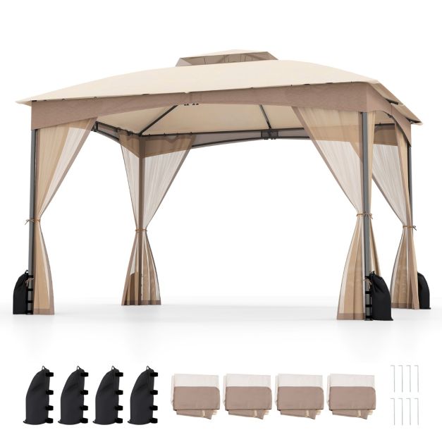 Coast Pavilion Khaki - Pavillon de jardin de 3 x 3,6 m avec double toit, murs en grillage et sacs de sable - 365 x 300 x 288 cm