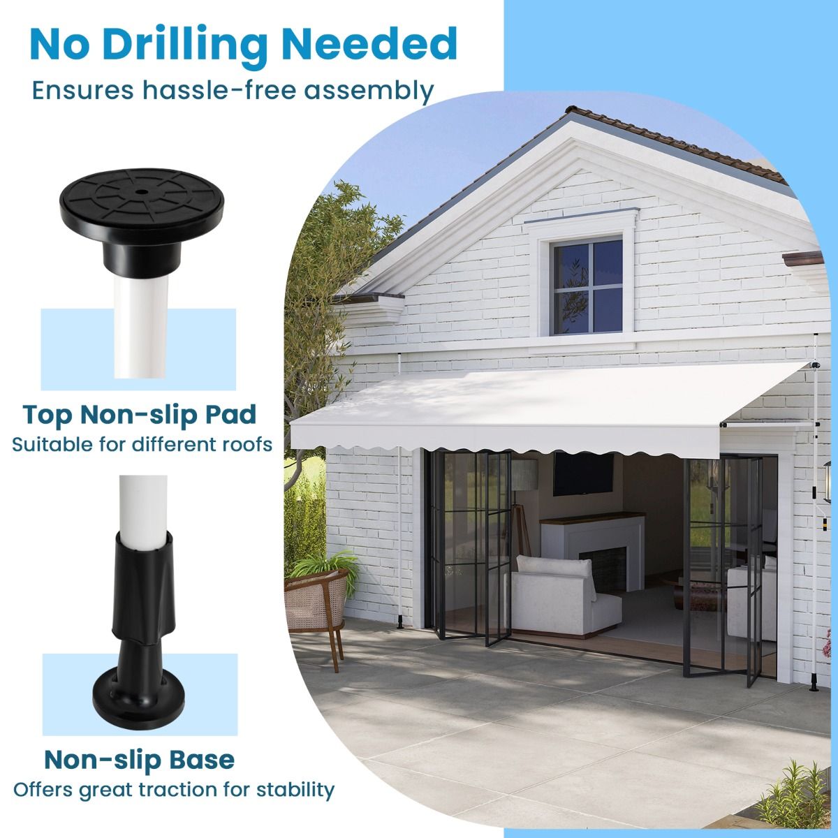 Coast 400x120/135/150x210-300 cm Blanc Store de balcon sans perçage avec sonnette - Pare-soleil à pinces réglable en hauteur