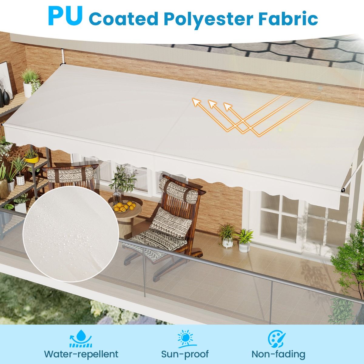 Coast 400x120/135/150x210-300 cm Blanc Store de balcon sans perçage avec sonnette - Pare-soleil à pinces réglable en hauteur