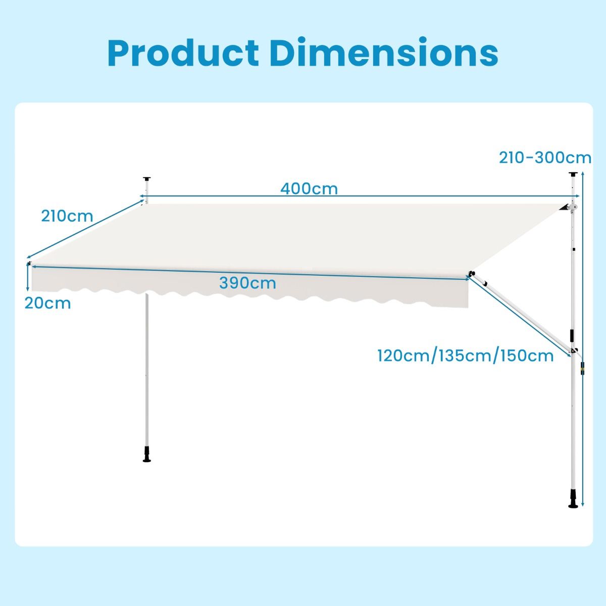Coast 400x120/135/150x210-300 cm Blanc Store de balcon sans perçage avec sonnette - Pare-soleil à pinces réglable en hauteur