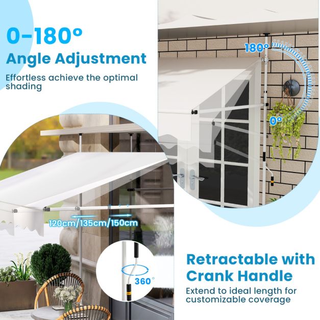 Coast Clamp Sunshade White - Parasol de balcon sans perçage avec bordure manuelle - 250 x 120/150 x 210-300 cm