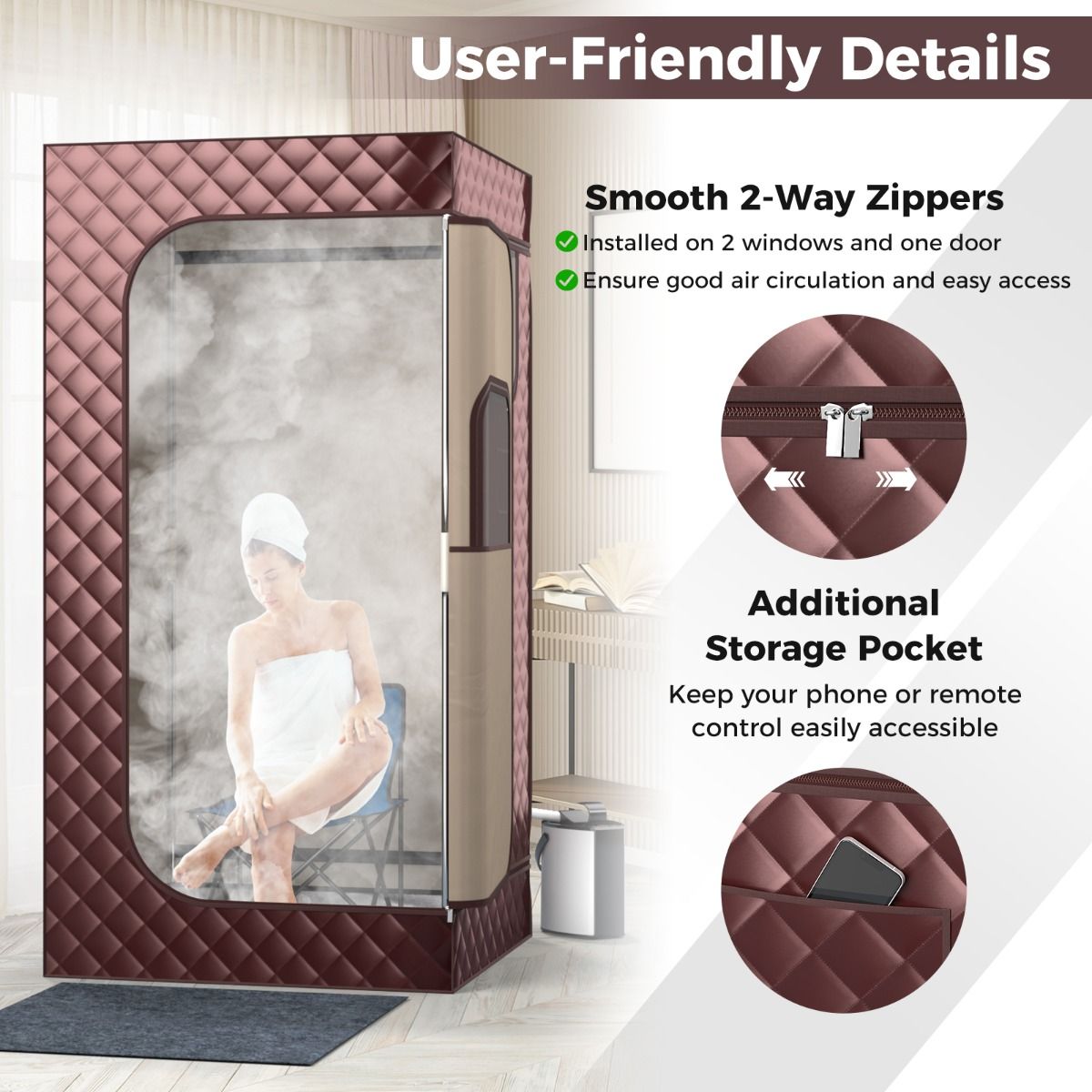 Coast Home Tente Sauna avec Générateur de Vapeur 3L - Sauna à vapeur pour tout le corps - 91 x 91 x 183 cm - Café