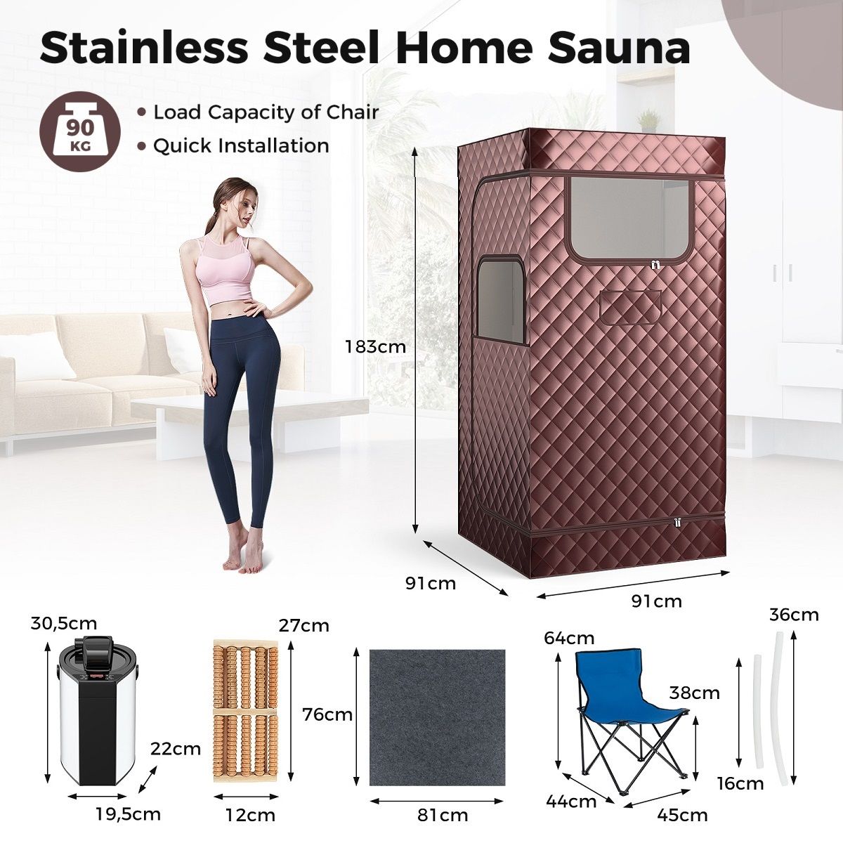 Coast Home Tente Sauna avec Générateur de Vapeur 3L - Sauna à vapeur pour tout le corps - 91 x 91 x 183 cm - Café