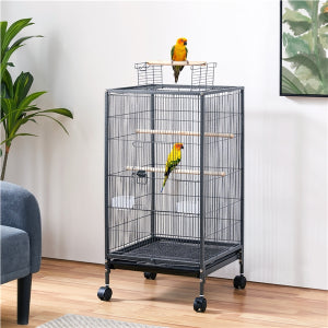 Yaheetech Cage à oiseaux avec base mobile - équipée d'un tiroir coulissant, de 4 mangeoires en plastique et de 3 perchoirs en bois - pour petits oiseaux et perruches - métal noir martelé et bois massif - 45,5 x 45,5 x 100,5 cm
