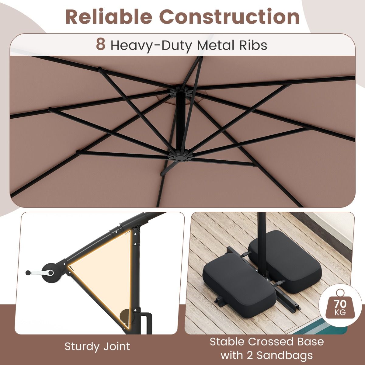 Parasol suspendu Coast avec éclairage LED - 9 modes d'éclairage - avec sacs de sable et balancier - marron - 300 x 260 cm