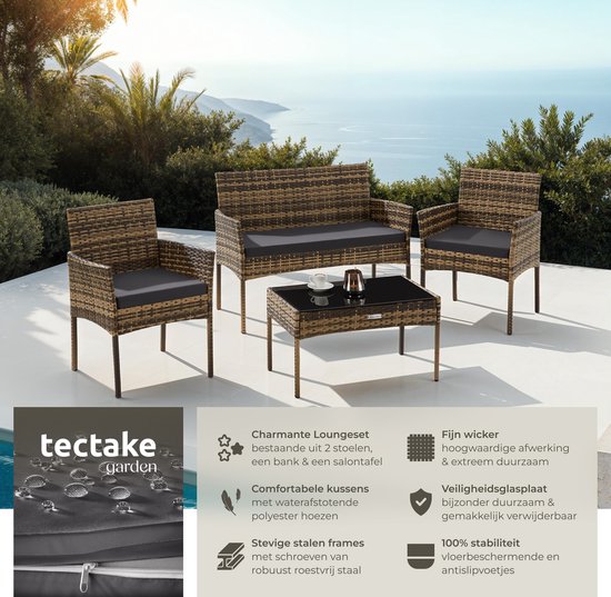 tectake® - Ensemble de jardin en osier Palese - Groupe de sièges pour 4 personnes - Ensemble de meubles de jardin avec banc de salon, table de jardin et 2 chaises de jardin, y compris les coussins d'assise - Meubles de jardin - Résistant à l'eau - Gris