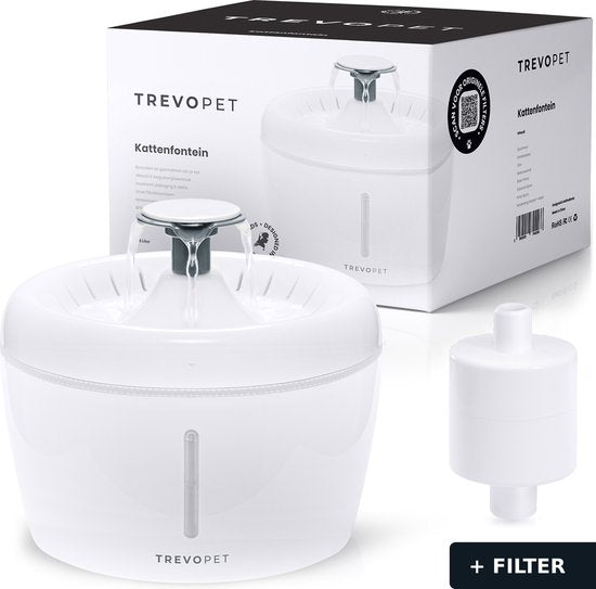 TrevoPet® Fontaine à boire pour chat - Fontaine à eau pour chat - Fontaine pour chat - Whisper Silent - Fontaine à boire - Abreuvoir pour chat - 2,5 litres - Filtre inclus - Blanc