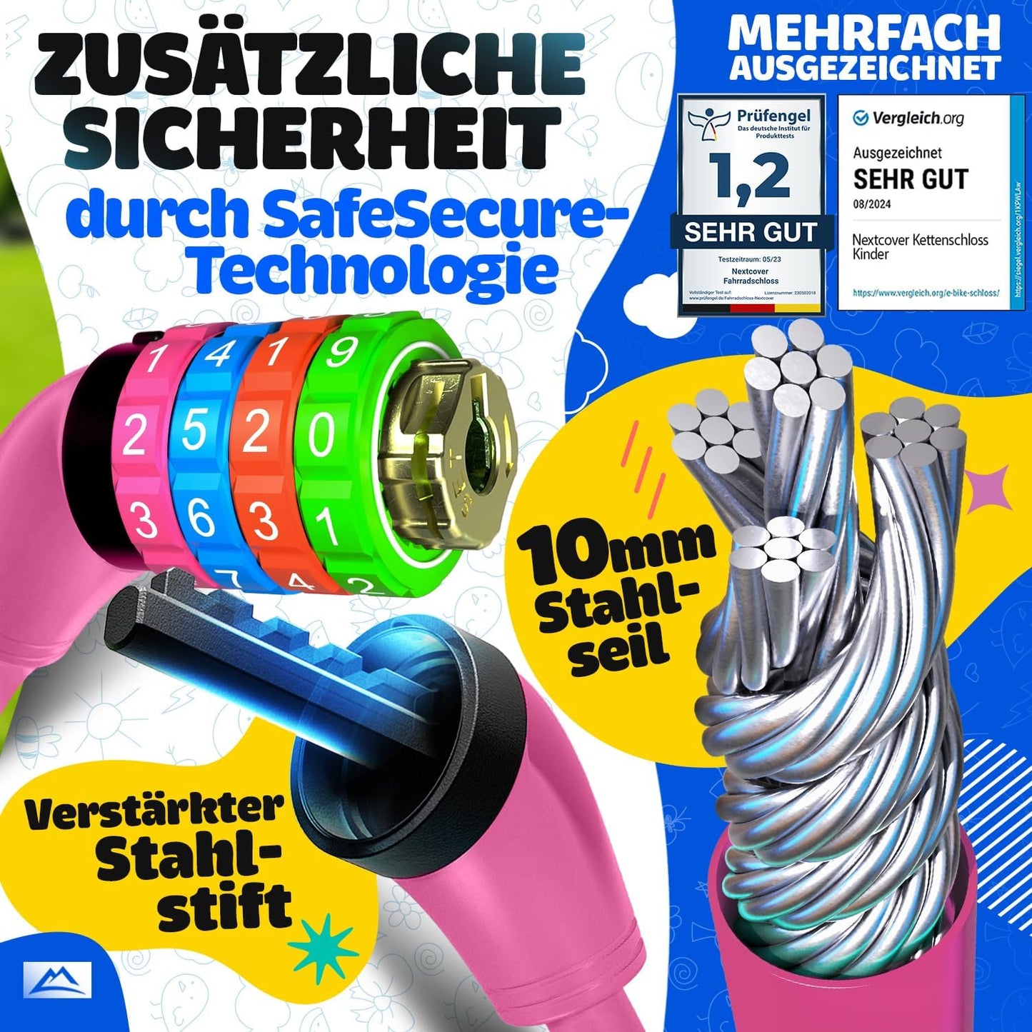 NEXTCOVER® Cadenas à vélo pour enfants - Code numérique à 4 chiffres - Cadenas à combinaison pour vélo avec chiffres colorés - Cadenas pour scooter Extra robuste et sûr - Rose