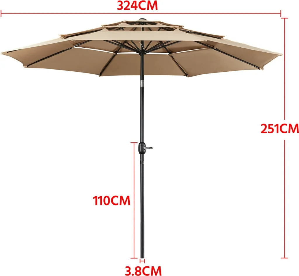 Parasol inclinable Yaheetech à 3 panneaux, Ø 324 cm, marron clair