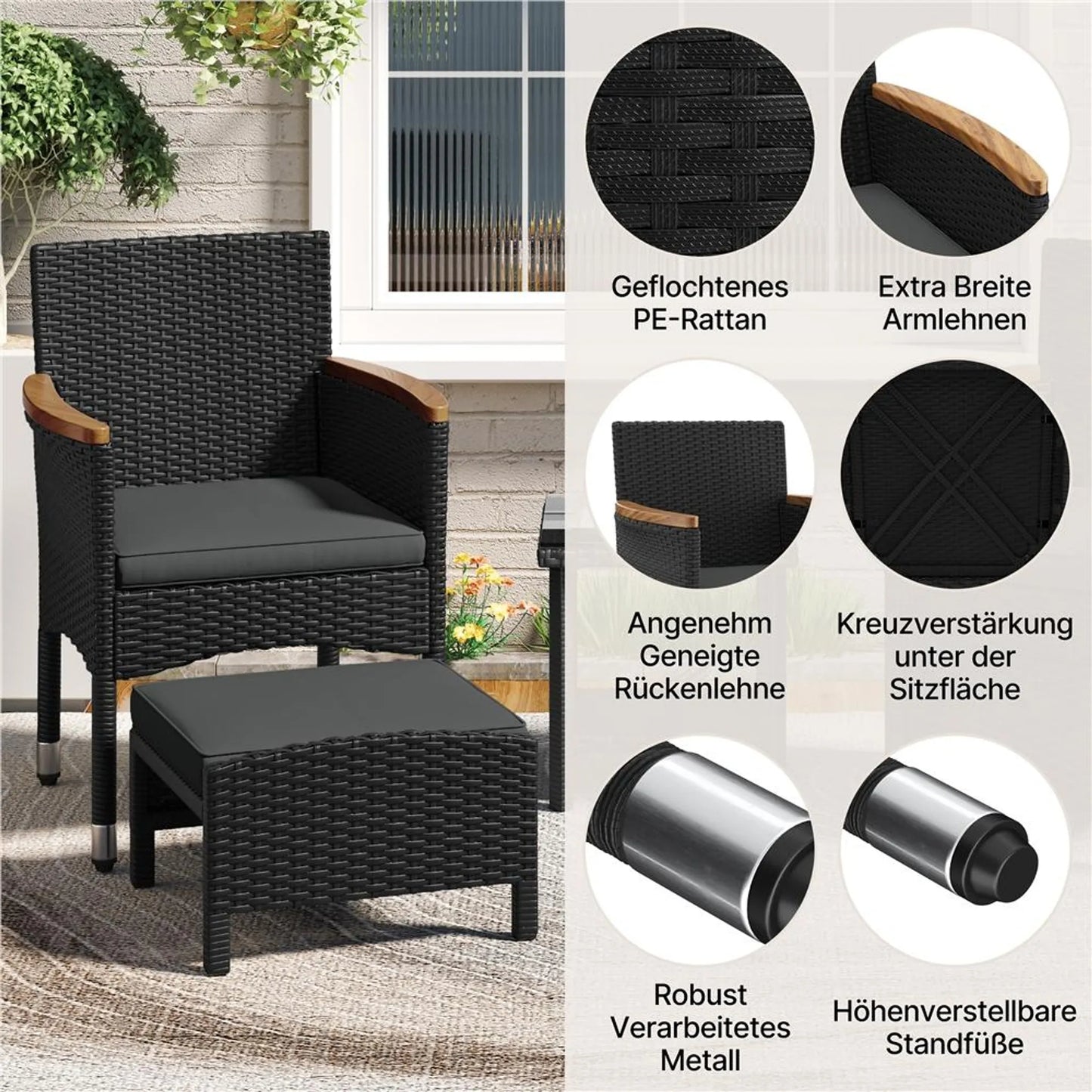 Yaheetech Lounge Set 5-Piece - Comprend deux chaises avec accoudoirs en bois d'acacia, deux ottomans et une table basse en verre trempé - Pour le jardin et le balcon - Métal noir et gris en rotin et bois d'acacia - 62.5 x 60.5 x 84 cm