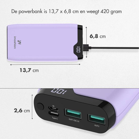 imoshion Powerbank 20000 mAh - Chargeur rapide 22,5W - Indicateur LED - USB C & USB A - Convient à iPhone et Samsung, entre autres - Universel - Lilas