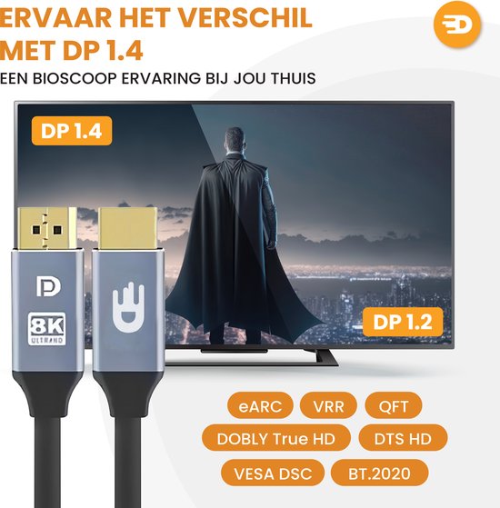 Drivv. Câble Displayport - 8K 60Hz - 4K 144 Hz - 32.4GBps - Displayport 1.4 - Câble DP - PVC - 1 mètre - Gris spatial
