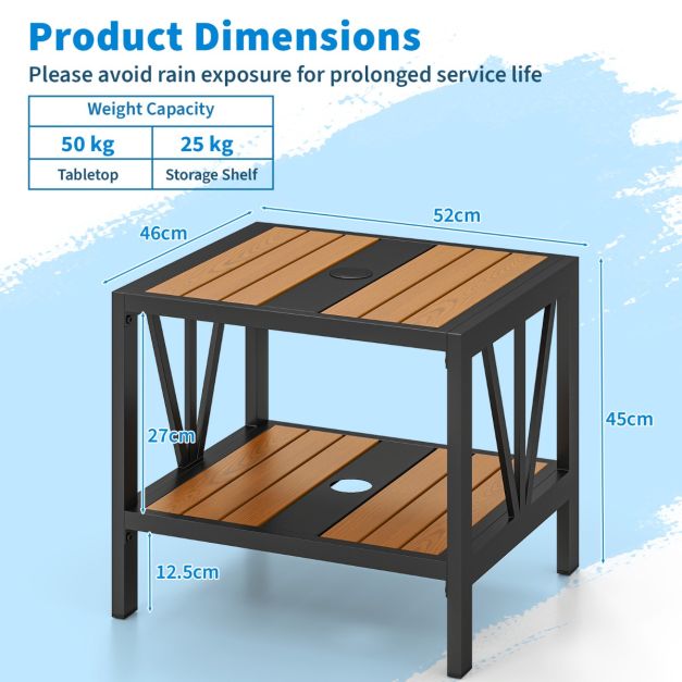 Table d'appoint Coast - Trou pour parasol - 2 niveaux - Métal - Support de rangement - 52 x 46 x 45 cm - Noir naturel