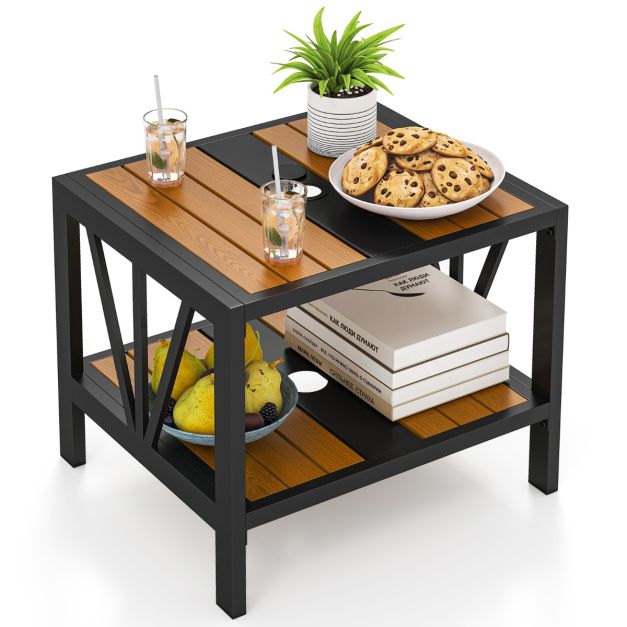 Table d'appoint Coast - Trou pour parasol - 2 niveaux - Métal - Support de rangement - 52 x 46 x 45 cm - Noir naturel