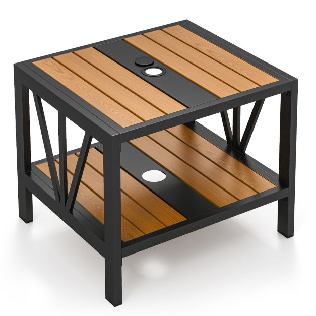 Table d'appoint Coast - Trou pour parasol - 2 niveaux - Métal - Support de rangement - 52 x 46 x 45 cm - Noir naturel