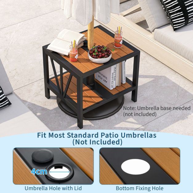 Table d'appoint Coast - Trou pour parasol - 2 niveaux - Métal - Support de rangement - 52 x 46 x 45 cm - Noir naturel
