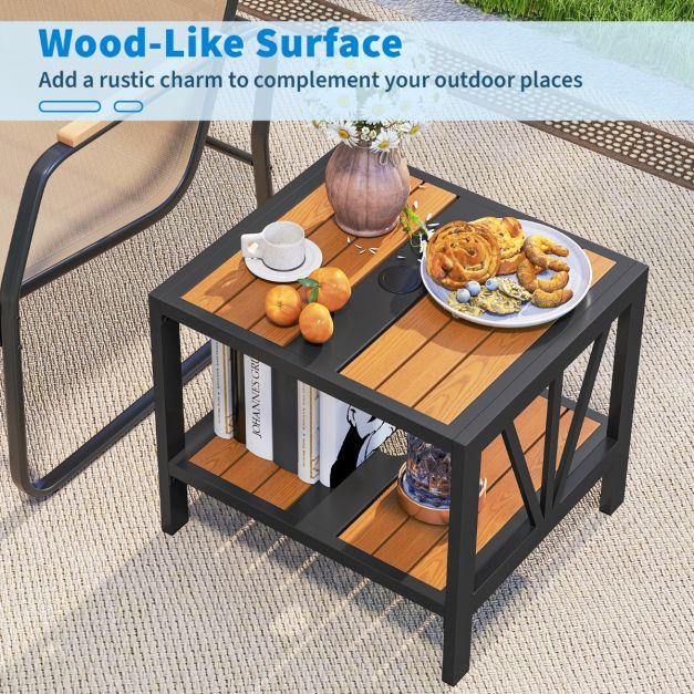 Table d'appoint Coast - Trou pour parasol - 2 niveaux - Métal - Support de rangement - 52 x 46 x 45 cm - Noir naturel