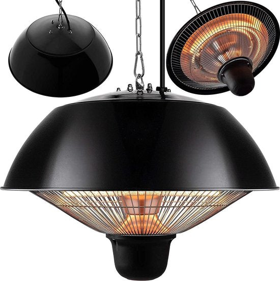 Perel Chauffage de terrasse, 1500 W, halogène, montage au plafond, avec interrupteur à tirette, chaîne, 1 niveau de chaleur, résistant aux éclaboussures, métal, noir