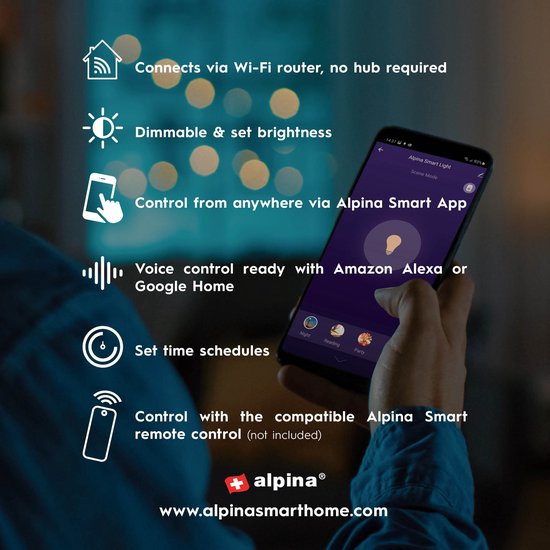 alpina Smart Home RGB Lamp - GU10 - 5W - WW + RGB - Smart Lighting - LED - App Control - Voice Control - Amazon Alexa - Google Home