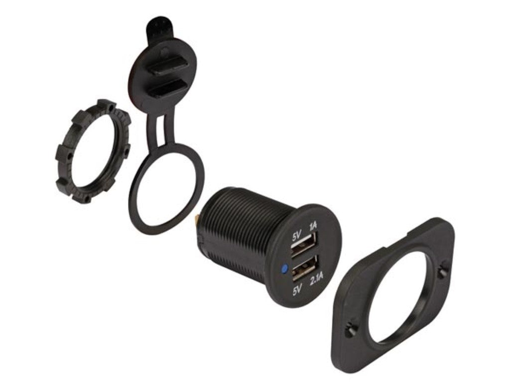 Chargeur USB - À encastrer - Double - 12-24 V - Résistant aux éclaboussures - Protection contre les courts-circuits - Noir