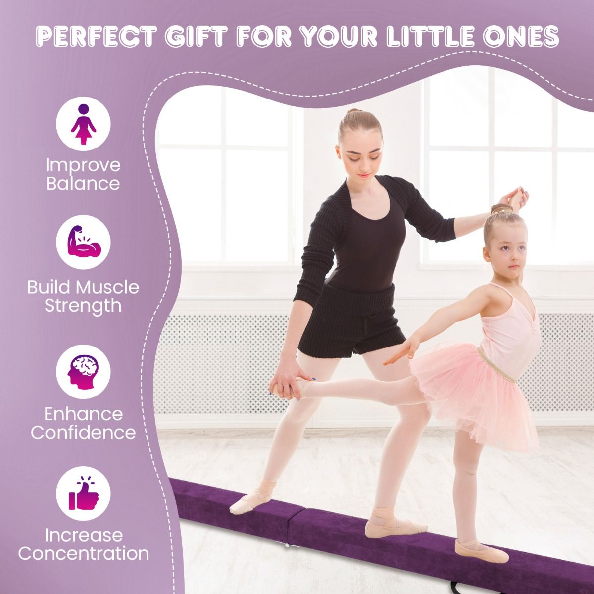 Coast Poutre d'équilibre pliable de 240 cm pour enfants - Poutre de gymnastique en mousse avec base en bois solide et dessous antidérapant - Convient pour la maison et la gymnastique - Violet