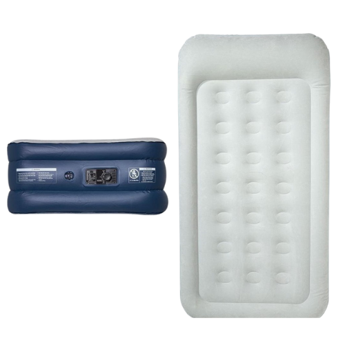 Lit gonflable 1 personne - LifeGoods - pompe intégrée - sac de transport+kit de réparation inclus - blanc-bleu