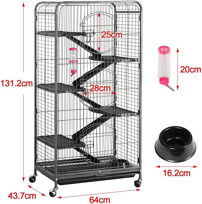 Cage pour rongeurs Yaheetech 64 x 43,8 x 131,6 cm - Noire - Cage sur roulettes pour rats, furets, chinchillas et lapins