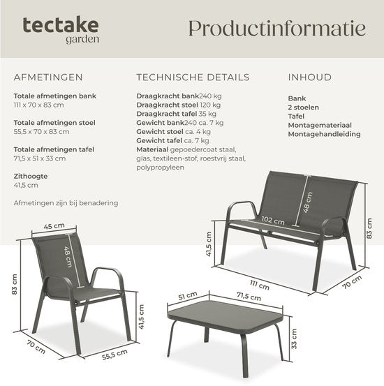 tectake® Garden Set Nora - Ensemble de sièges modernes pour 4 personnes - Ensemble de salon avec canapé de jardin et 2 chaises de jardin en tissu textile respirant et résistant à l'eau - Ensemble de balcon avec table d'appoint - Ensemble de mobilier de ja