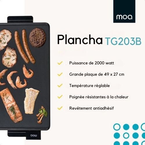 Plancha MOA - Grill - Plaque de cuisson - Electrique - 56 x 30 cm - Thermostat réglable - Revêtement antiadhésif - TG203B - Noir