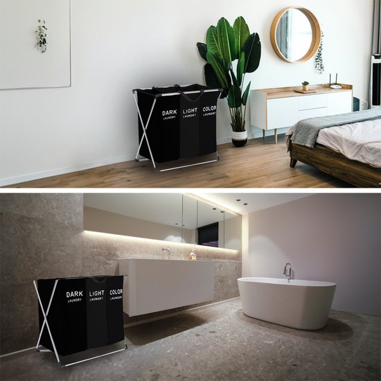 BRASQ Panier à linge pliable 3 compartiments - Trieur de linge 65x39x60 cm - Boîte à linge noire - 118 litres - Panier