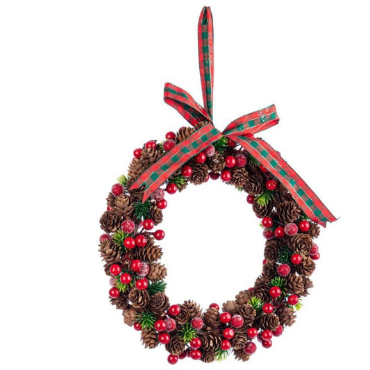 Bizzotto Ilmy Couronne de Noël ronde - Ø 30 cm - Rouge/Brun - Avec pommes de pin et ruban de suspension
