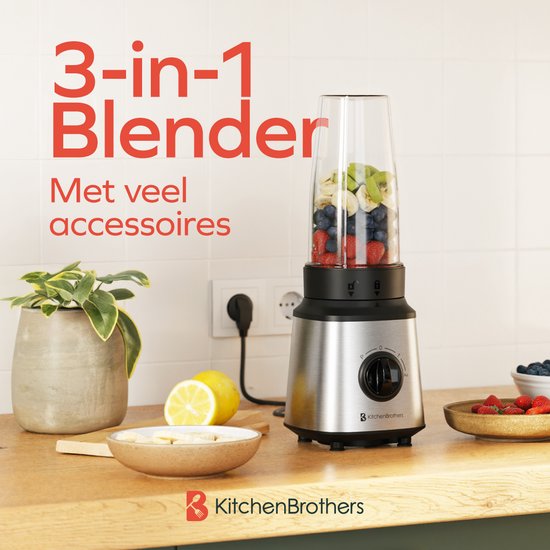 KitchenBrothers Blender - Set complet - 2x 750ml Bowl - Grinder - Tamper - To-Go Cups - Acier inoxydable