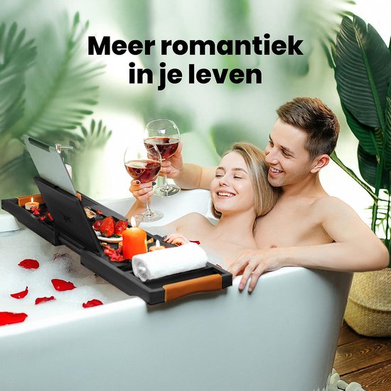 RelaxTub® Bathboard - Planche de bain pour la baignoire - Support de bain - Réglable - Antidérapant - Planche de bain noire - Planche de bain en bois - Support de bain avec porte-livre, porte-tablette et miroir