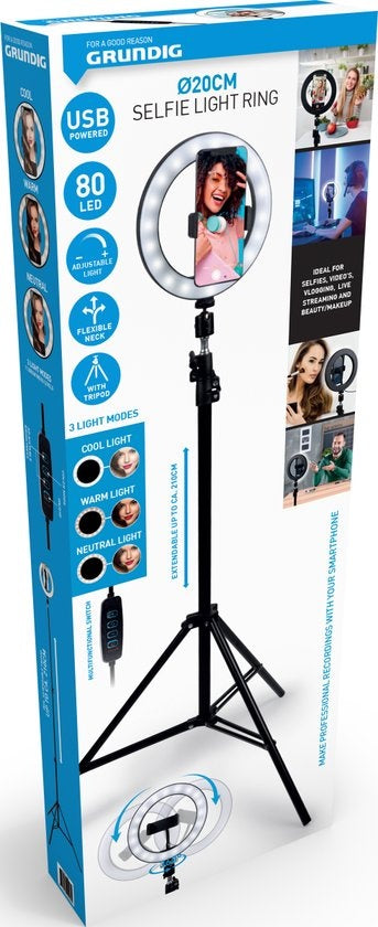 Lampe annulaire Grundig avec trépied et support de téléphone - réglable jusqu'à 210 cm - convient pour TikTok et YouTube - 3 modes d'éclairage