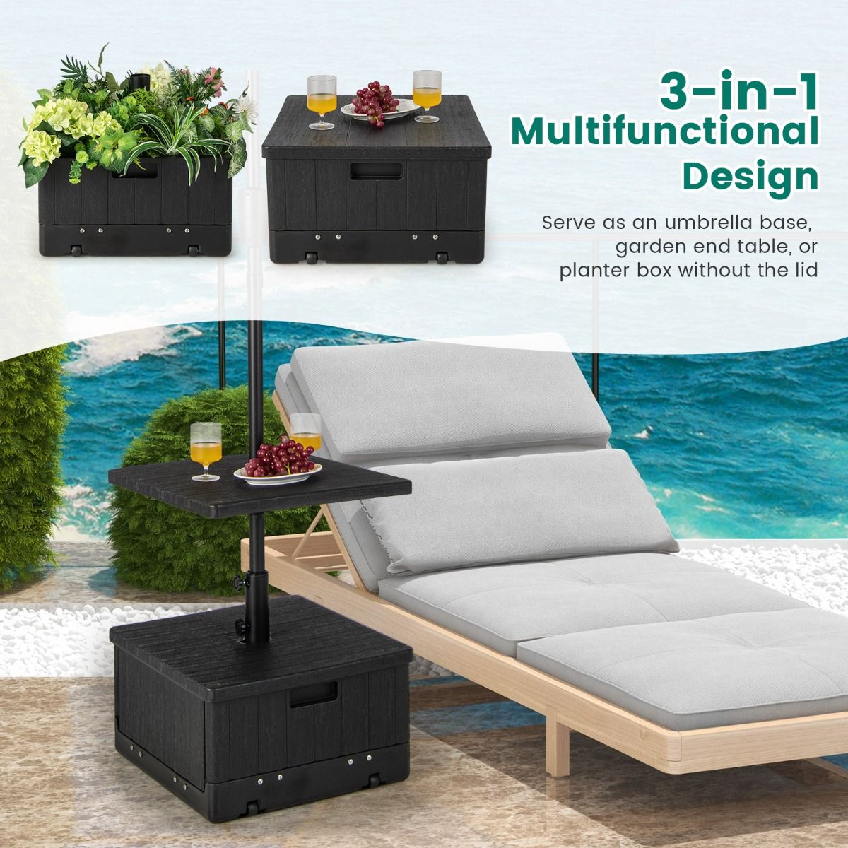 Coast Base de parasol gonflable 80 kg avec plateau et roues 53x53x45 cm Noir