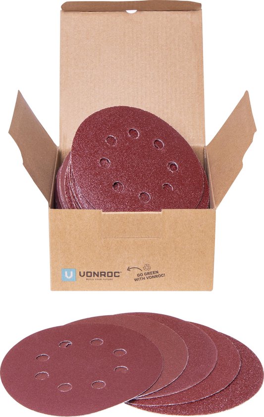 VONROC Jeu de papier de verre 125mm - 50 pièces - Pour ponceuses orbitales aléatoires - Fixation Velcro
