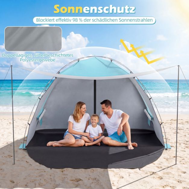 Coast Strandtent 260 × 150 × 160 cm – Abri de plage avec auvent, protection UV UPF 50+, fenêtres en filet et sac de transport – Bleu