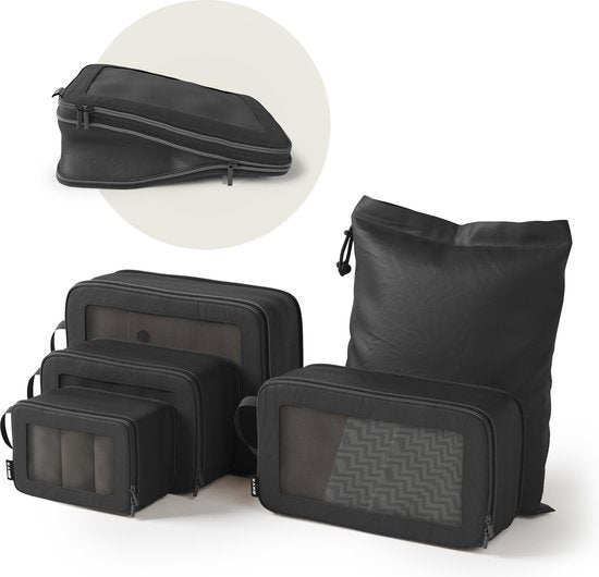 ONYX® cubes de compression - 5 pièces - Organiseurs de bagages avec zip de compression - Pour valises et sacs - Noir