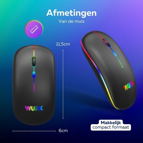Wurk Wireless RGB Mouse - Rechargeable - Bluetooth 4.0 - 2.4GHz - USB - Sans fil - Souris d'ordinateur - Ordinateur portable - PC - Noir