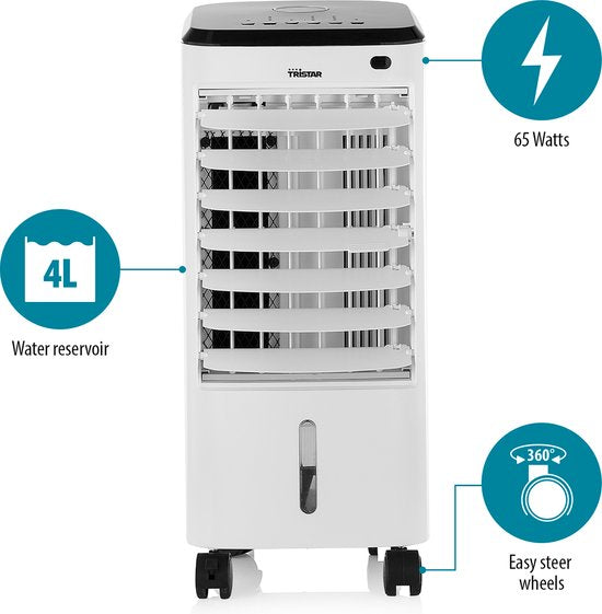 Climatiseur mobile Tristar 4 L – Avec télécommande et minuterie – Roulettes pivotantes – Éléments de refroidissement – Réglable – AT‑5446 – Blanc