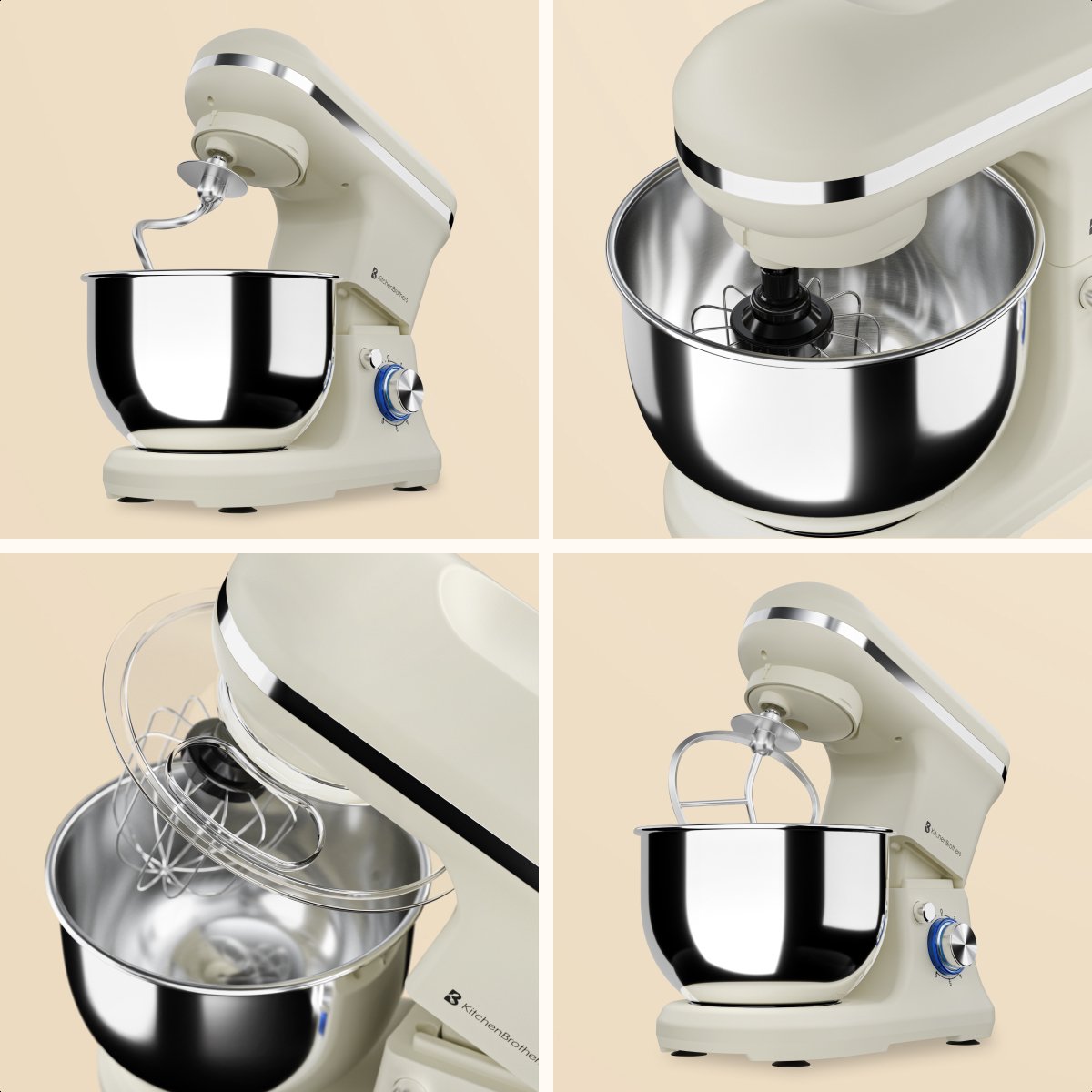 KitchenBrothers Robot de cuisine - 1200W - 5L Bol de mixage - 6 Vitesses + Pulse - Robot de cuisine avec crochet pétrisseur, fouet et crochet mélangeur - Champagne