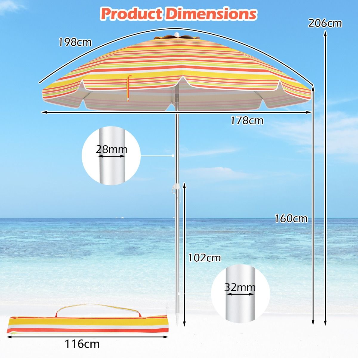 Parasol de plage Coast Ø198 x 206 cm - Rouge/Jaune - Parasol portable avec ancre de sable et sac de transport