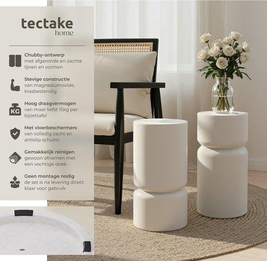 tectake® Table d'appoint Amine - Ø 28 x 54,5 cm - Lot de 2 tables d'appoint - Table basse en oxyde de magnésium robuste, aspect pierre - Petite table pour le salon, la chambre ou le bureau - Capacité de charge de 15 kg par table - Protège-sol inclus