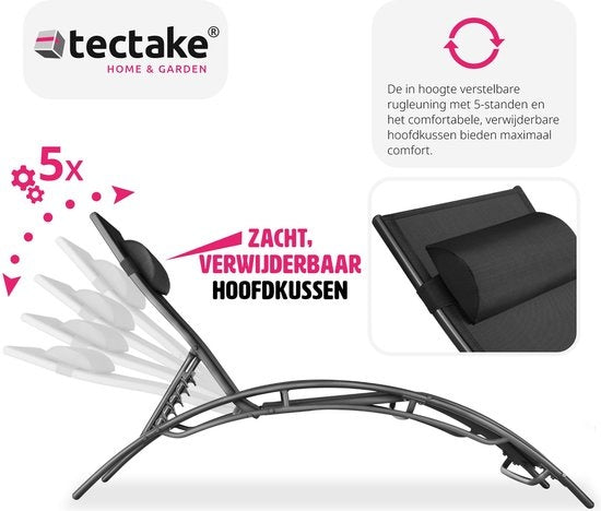 Tectake® Jeu de 2 chaises longues en aluminium - Chaises de jardin résistantes aux intempéries - Dossier réglable - Coussin de tête inclus