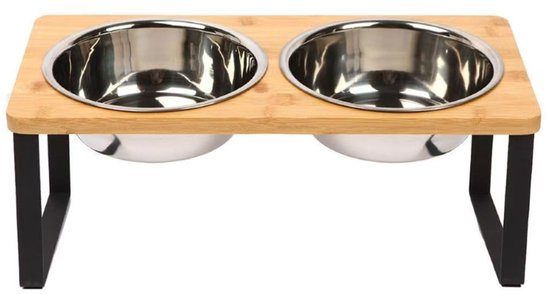 Ceruzo Gamelle double - Petits chiens - Acier inoxydable - Bambou-Métal Standard -33x15x12.5 cm