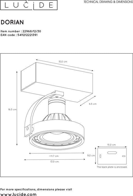 Lucide DORIAN - Plafonnier - Ø 11,7 cm - LED Dim to warm - GU10 (ES111) - 1x12W 2200K/3000K - Noir