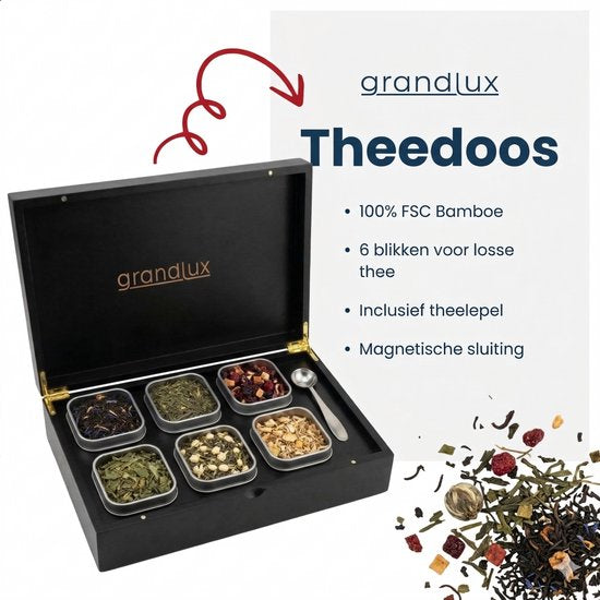 Boîte à thé Grandlux à 6 compartiments – Boîte à thé pour thé en vrac – Cuillère en acier inoxydable – 100 % bambou certifié FSC – 6 boîtes à thé – Organiseur à thé – Boîte à thé – Noir