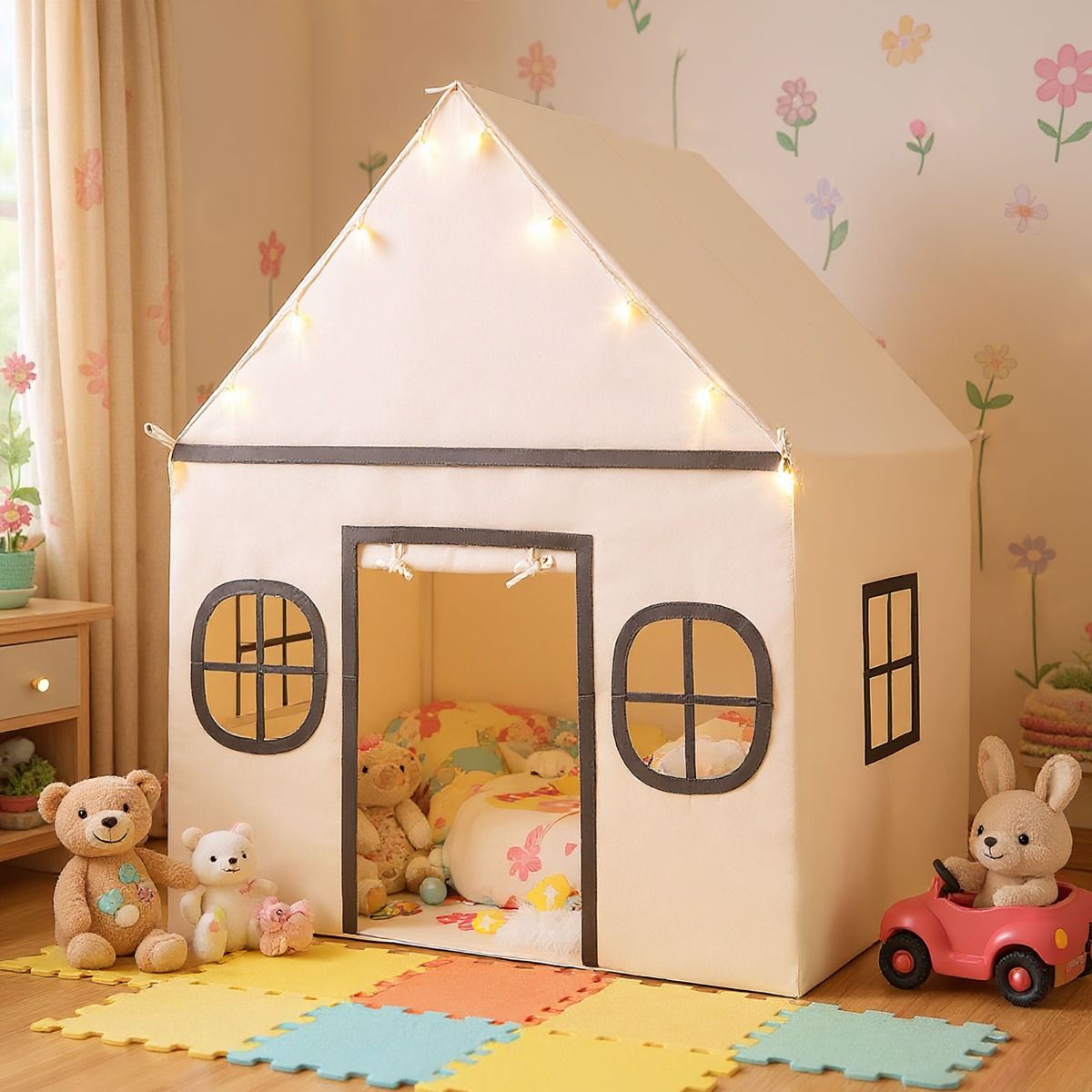 Tente de jeu pour enfants Coast avec lumières étoilées et tapis rembourré - Beige/Brown - 120 x 101 x 143 cm